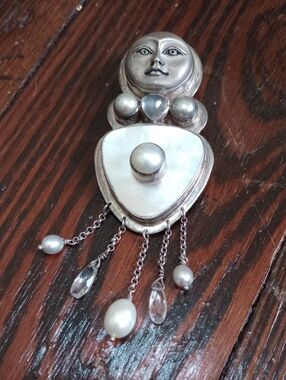 STERLING Silver Vtg Pearl Pendant/ BROOCH - White Pearl Accents